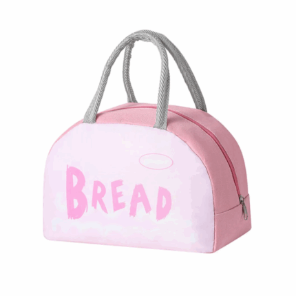 Roze geïsoleerde lunchbag met “BREAD”-print en grijze touwhandvatten – speels en praktisch ontwerp voor lunch of snacks onderweg.
