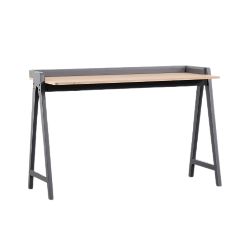 P16360113 Moderne bureautafel met houten werkblad en metalen poten in A-frame design