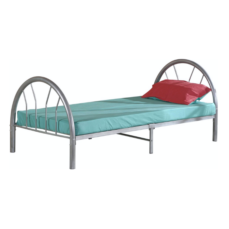 P19850014 Grijs metalen bedframe met halfrond hoofdbord en voetbord, verticale spijlen en lattenbodem – strak en minimalistisch ontwerp voor slaapkamer of logeerkamer.