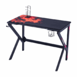 Gamingbureau met zwart-rood design, draakprint, bekerhouder, headsethaak en controllerstandaard – ideaal voor gamers en streamers.