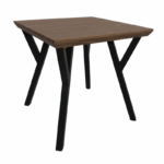 Vierkante bijzettafel met houten blad en zwart metalen V-frame – geschikt voor moderne, industriële en minimalistische interieurs.