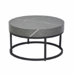Ronde salontafel met grijs marmerlook blad en zwart metalen frame – modern en elegant ontwerp voor woonkamer of lounge.