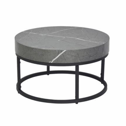 Ronde salontafel met grijs marmerlook blad en zwart metalen frame – modern en elegant ontwerp voor woonkamer of lounge.