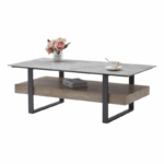 Rechthoekige salontafel met grijs blad, houten onderplank en zwart metalen frame – modern en functioneel ontwerp voor woonkamer.