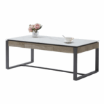 Rechthoekige salontafel met wit marmerlook blad, houten lade en zwart metalen frame – geschikt voor moderne en industriële interieurs.