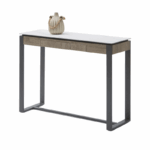 Moderne wandtafel met lade, wit blad, houten afwerking en zwart metalen frame – geschikt voor hal, woonkamer of kantoor.