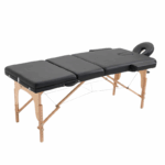 Zwarte draagbare massagetafel met houten poten, verstelbare rugleuning, gezichtskussen en armsteun – geschikt voor wellness, fysiotherapie en salons.
