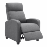 Donkergrijze relaxfauteuil met hoge rugleuning, gebogen armleuningen en zachte bekleding – verstelbare loungestoel voor woonkamer of leeshoek.