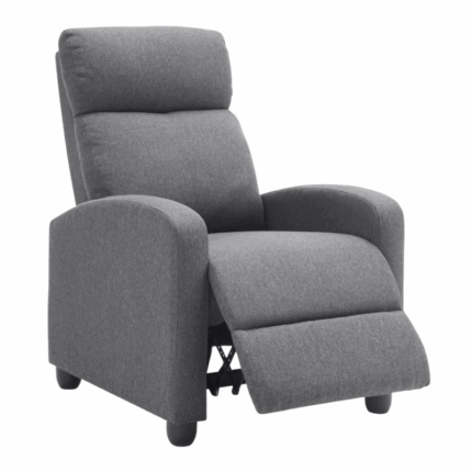 Donkergrijze relaxfauteuil met hoge rugleuning, gebogen armleuningen en zachte bekleding – verstelbare loungestoel voor woonkamer of leeshoek.