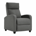 Donkergrijze relaxfauteuil met hoge rugleuning, gebogen armleuningen en zachte bekleding – verstelbare loungestoel voor woonkamer of leeshoek.