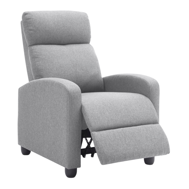 P21950004 (1) Lichtgrijze relaxfauteuil met hoge rugleuning, gebogen armleuningen en zachte bekleding – moderne loungestoel met korte poten