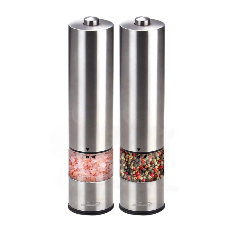 SG2321S Brentwood elektrische zout- en pepermolens met instelbare keramische molens, éénhandige bediening, blauwe LED-verlichting en roestvrijstalen behuizing