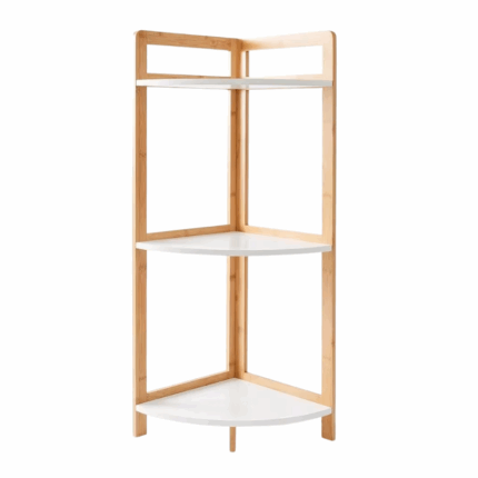 Hoekrek met drie witte planken en een licht houten frame, ontworpen voor decoratie en opbergruimte in hoekruimtes.