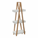 Ladderrek met drie witte planken en een natuurlijk houten A-frame, geschikt voor decoratie en opbergruimte in moderne interieurs.