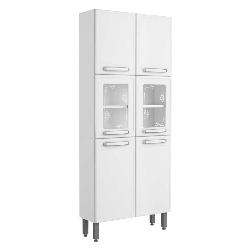 7041670 Hoge witte keukenkast met glazen deuren en decoratief patroon