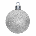 Grote zilveren kerstbal met glitter, metalen ophangdop en lus. Diameter 20 cm.