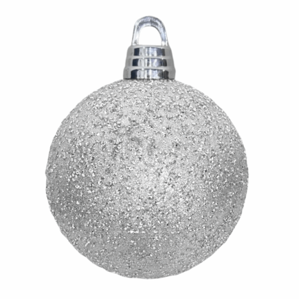 Grote zilveren kerstbal met glitter, metalen ophangdop en lus. Diameter 20 cm.