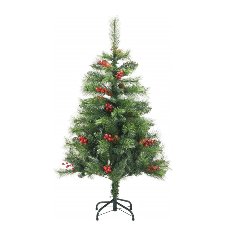 Kunstkerstboom 120 cm met dennenappels en rode bessen op metalen standaard