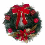 Kerstkrans van 30 cm met rode strik, rode kerstballen, cadeautjes, poinsettia en gouden bladeren.
