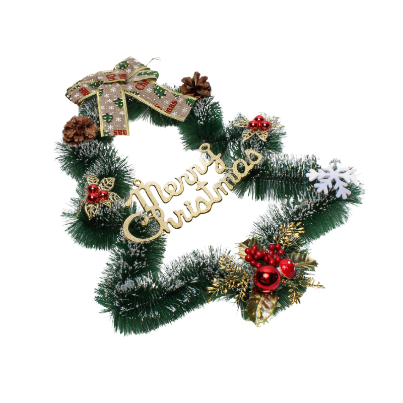 L0611702 Kerstboomvormige decoratie van 40 cm met dennentakken, rode bessen, dennenappels, gouden bladeren en strik.