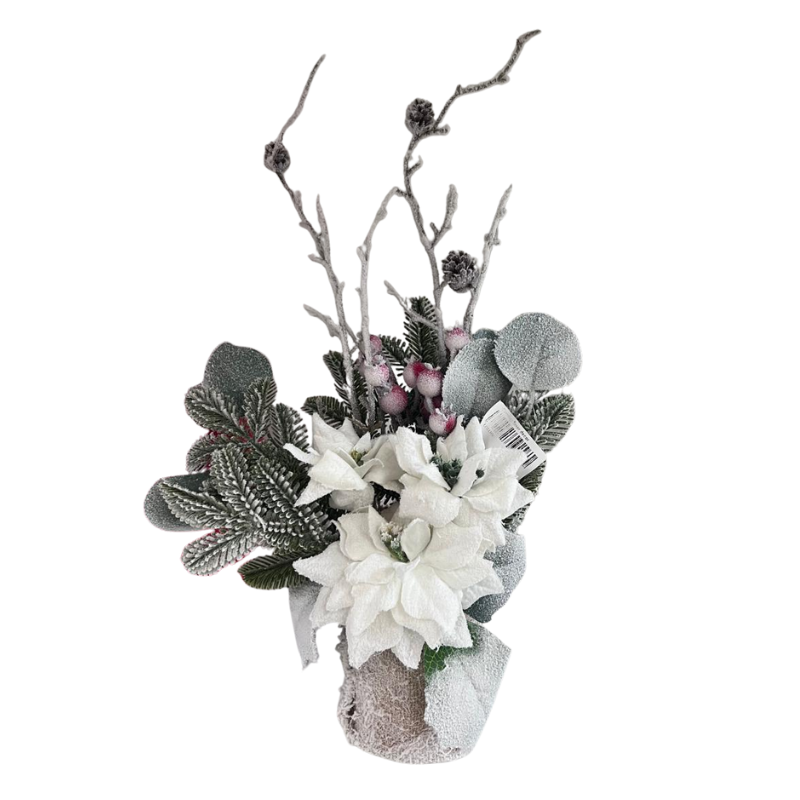 L0613400 Kerstbloemstuk met witte poinsettia’s en nepsneeuw – 30 cm
