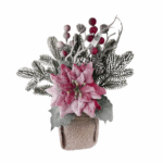 Kerstbloemstuk met rode poinsettia en nepsneeuw – 24 cm