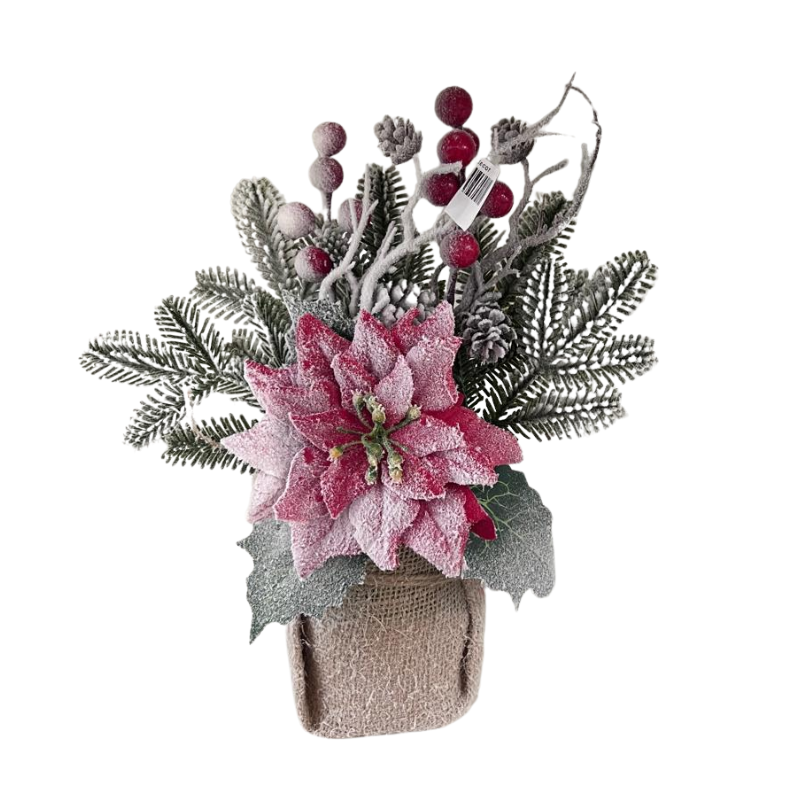 L0613403 Kerstbloemstuk met rode poinsettia en nepsneeuw – 24 cm
