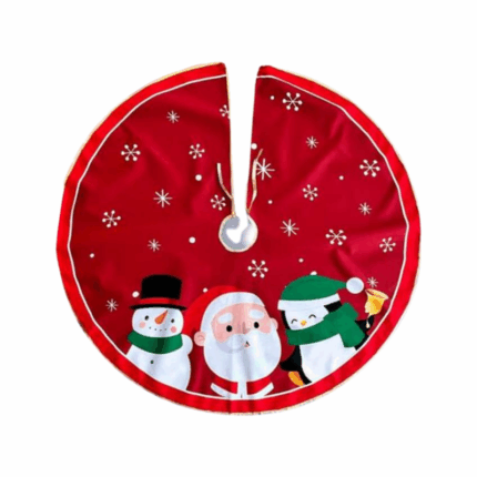 Ronde kerstboomrok met sneeuwman, kerstman en pinguïn op rood textiel met gouden rand