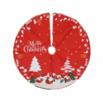 Rode kerstboomrok met witte kersticonen en “Merry Christmas”-tekst, afgewerkt met gouden rand