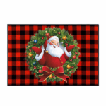 Placemat met kerstman in groene krans op rood geruit patroon – 32×45 cm