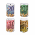 Cilindervormige metalen spaarpot met Eurobiljet-print en gleuf bovenop, geschikt voor munten en biljetten