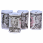 Cilindervormige metalen spaarpot met Eurobiljet-print en gleuf bovenop, geschikt voor munten en biljetten