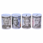 Cilindervormige metalen spaarpot met Eurobiljet-print en gleuf bovenop, geschikt voor munten en biljetten