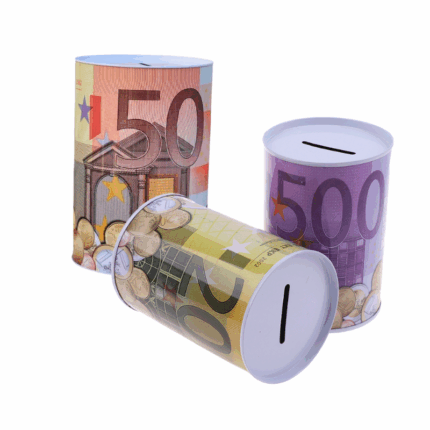 Cilindervormige metalen spaarpot met Eurobiljet-print en gleuf bovenop, geschikt voor munten en biljetten
