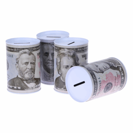 Cilindervormige metalen spaarpot met Eurobiljet-print en gleuf bovenop, geschikt voor munten en biljetten