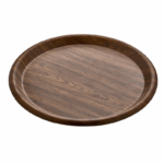 Rond kunststof dienblad met houtnerfprint en opstaande rand, geschikt voor serveren en decoratie