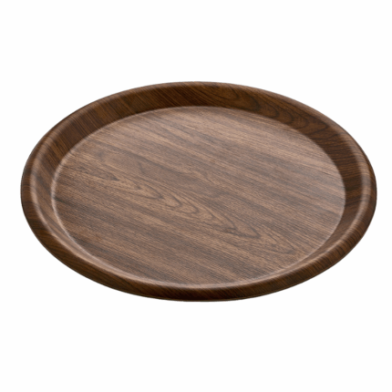 Rond kunststof dienblad met houtnerfprint en opstaande rand, geschikt voor serveren en decoratie