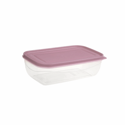 Rechthoekig transparant plastic bakje van 1200 ml met roze deksel. Ideaal voor het bewaren van snacks of kleine porties voedsel.
