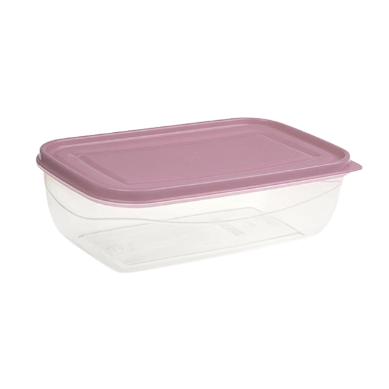 M017 Rechthoekig transparant plastic bakje van 2700 ml met roze deksel. Ideaal voor het bewaren van snacks of kleine porties voedsel.