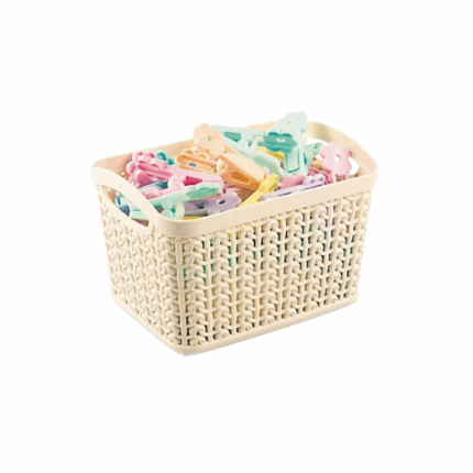 kunststof opbergmand van 1.5 liter met geweven structuur en handgrepen. Ideaal voor het organiseren van kleine spullen.