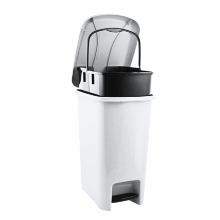 kunststof prullenbak van 12.5 liter met voetpedaal en uitneembare zwarte binnenemmer. Ideaal voor hygiënisch gebruik in keuken of badkamer.