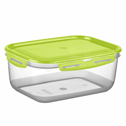 Rechthoekige transparante vershoudbak van 4 liter met felgroen luchtdicht deksel en vier klipsluitingen. Ideaal voor het bewaren van grote porties voedsel zonder lekken.