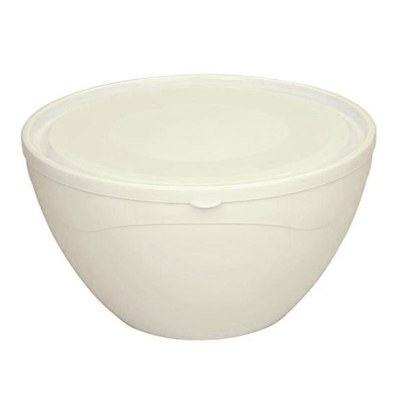 M887 (1) Crèmekleurige kunststof kom van 4.3 liter met goed sluitende deksel. Ideaal voor het bewaren, mengen of meenemen van grote porties voedsel.
