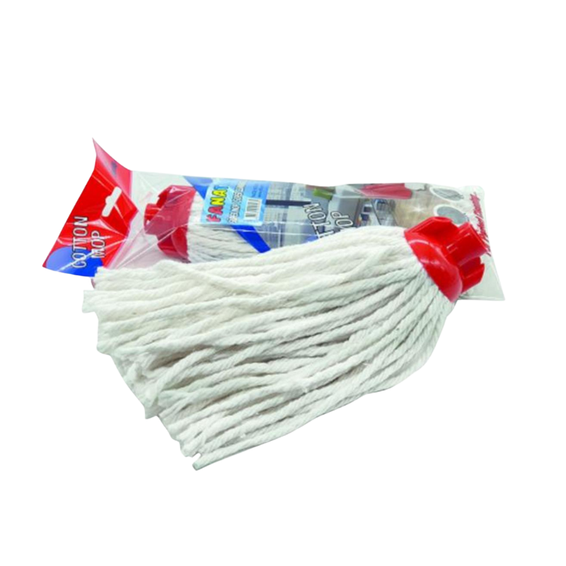 YF504 (1) Fanatik katoenen mop met rode kunststof kop en witte gedraaide vezels, verpakt in transparante folie