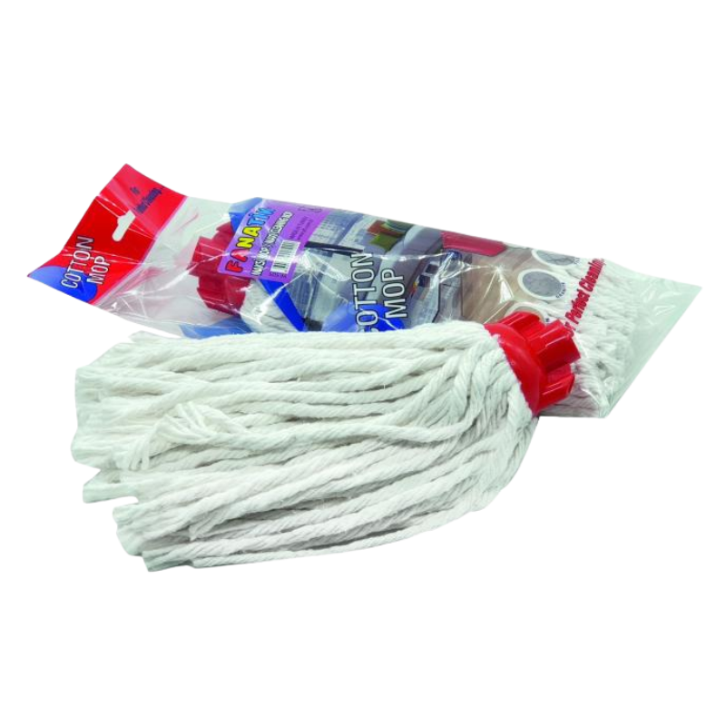 YF505 Fanatik katoenen mop met rode kunststof kop en witte gedraaide vezels, verpakt in transparante folie