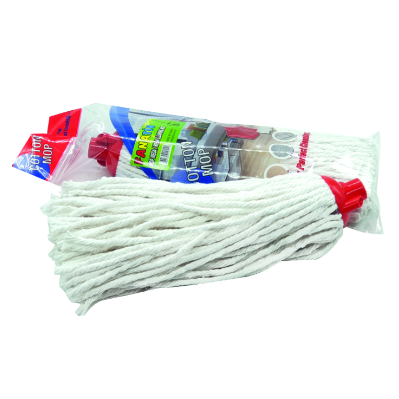 YF507 Fanatik katoenen mop met rode kunststof kop en witte gedraaide vezels, verpakt in transparante folie