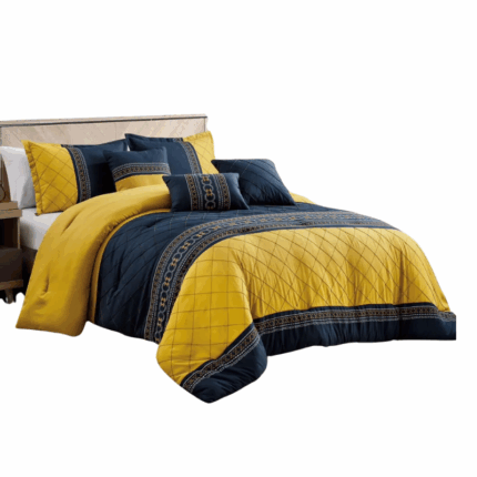 Elegant Home 7-delige dekbedovertrekset met bedsprei, kussenslopen en sierkussens in mosterdgeel en donkerblauw
