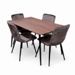 Eettafel set met houtlook tafel en vier bruine eetkamerstoelen