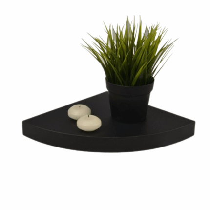 Zwevende zwarte hoekplank met grijze en mintgroene vazen