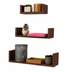 Bruine zwevende wandplanken set van 3 – houten wandrekken met decoratie en onzichtbare bevestiging